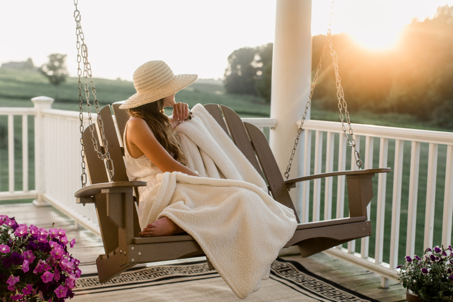 adirondack porch swing with blanket