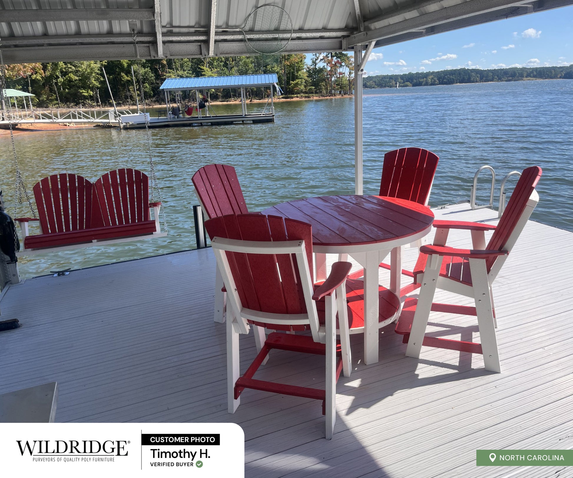 Red and white porch swing and counter height dining set