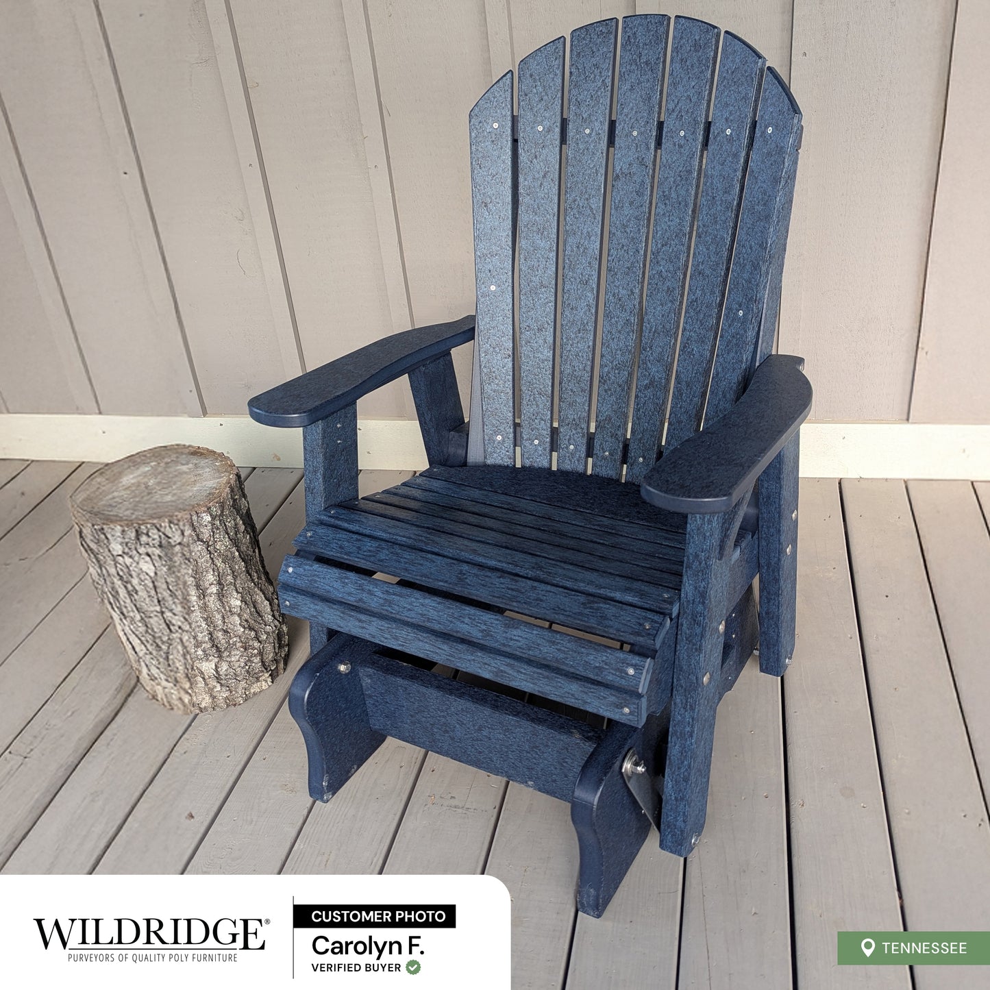 blue adirondack glider chair on porch