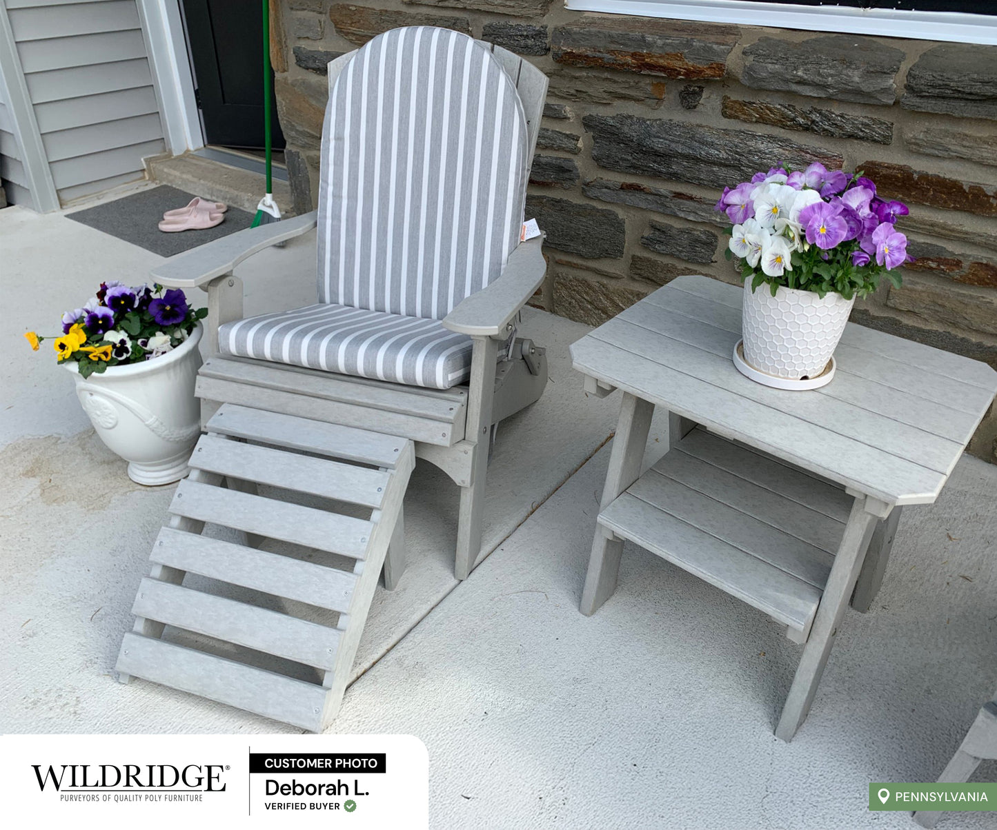 light gray folding adirondack with footrest and side table