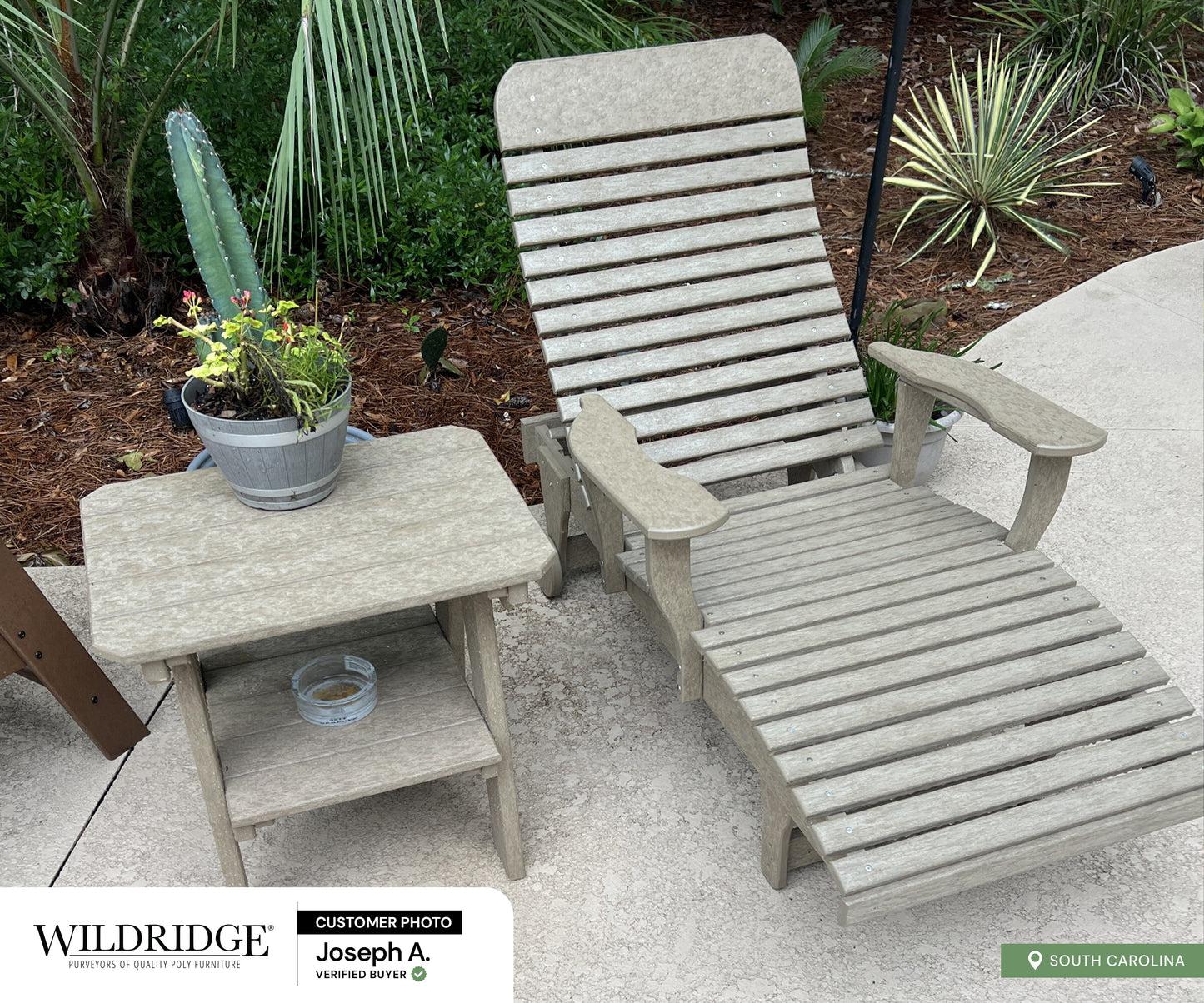 tan side table and chaise lounge on patio