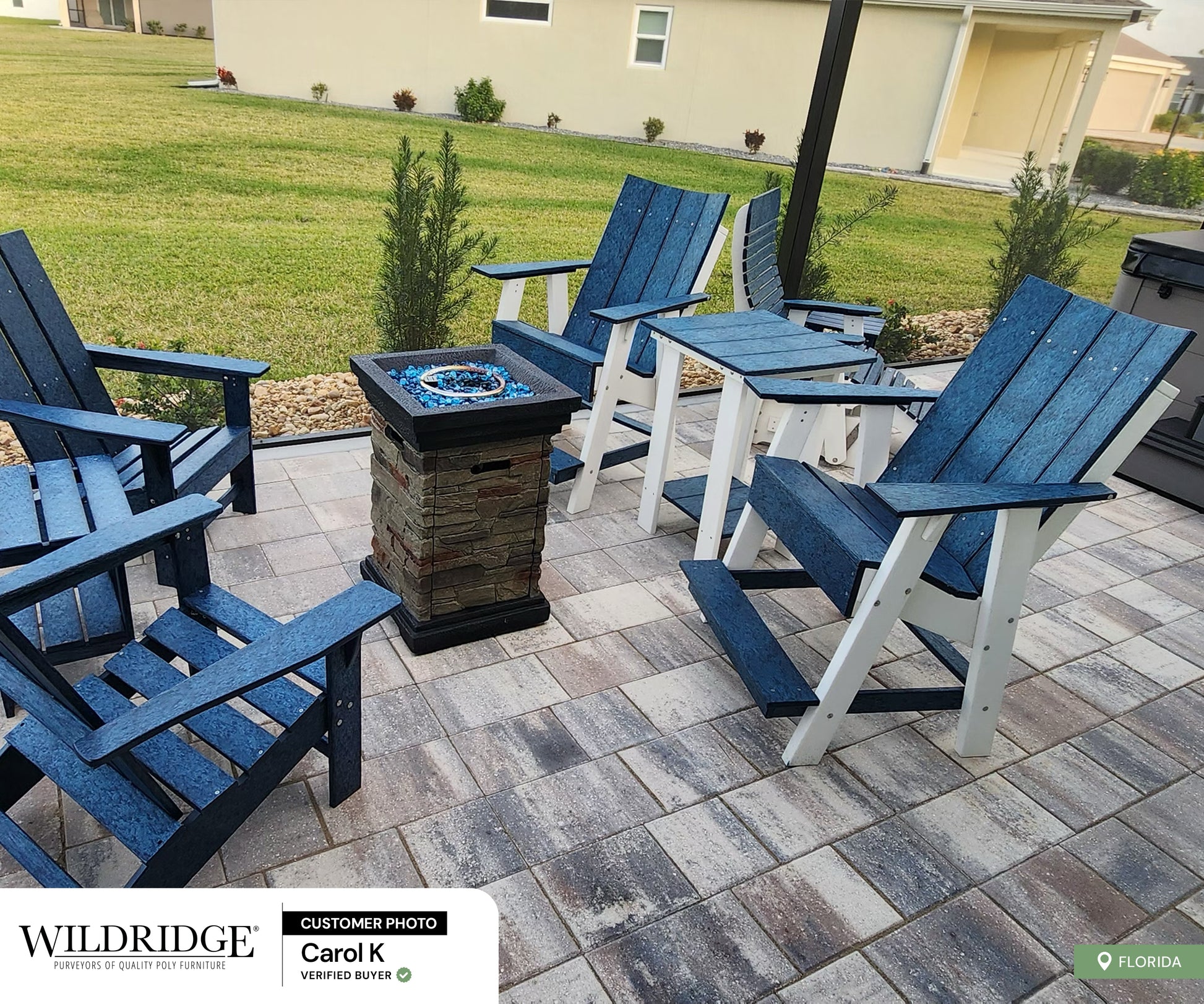 blue and white tall adirondack chairs with side table