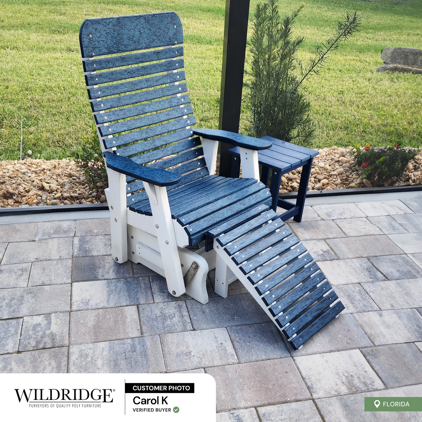 white and blue single glider chair and adirondack footrest