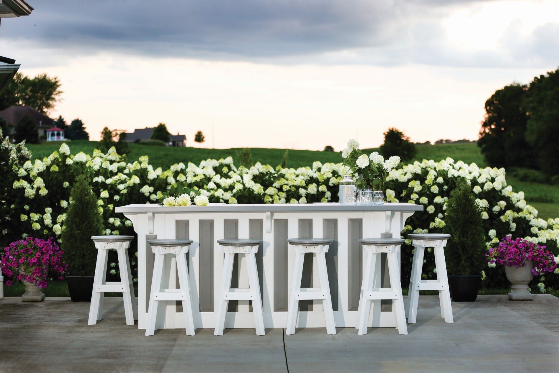 outdoor barstool set in gray and white